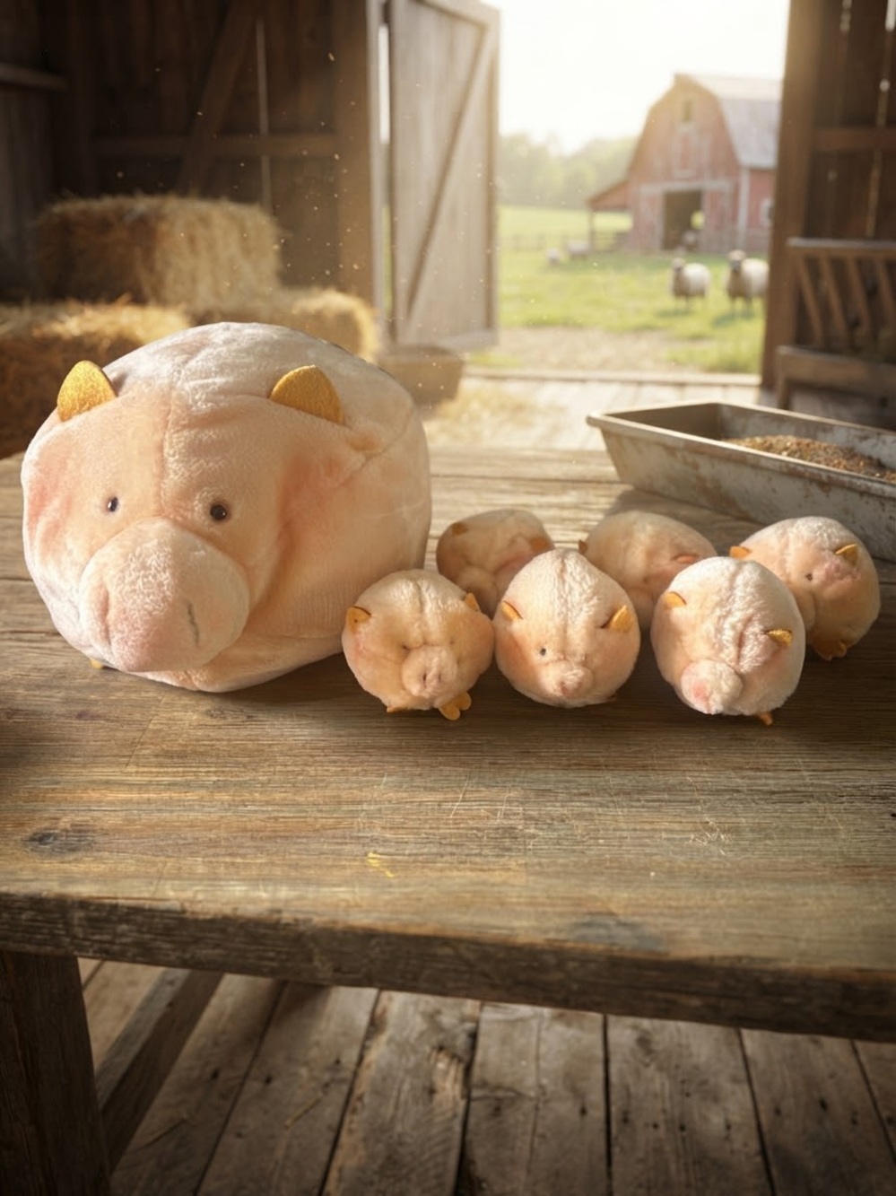 Vintage Coronet Matchbox Pig & 6 Piglets Surprise Plush Set - Rare Retro Toy